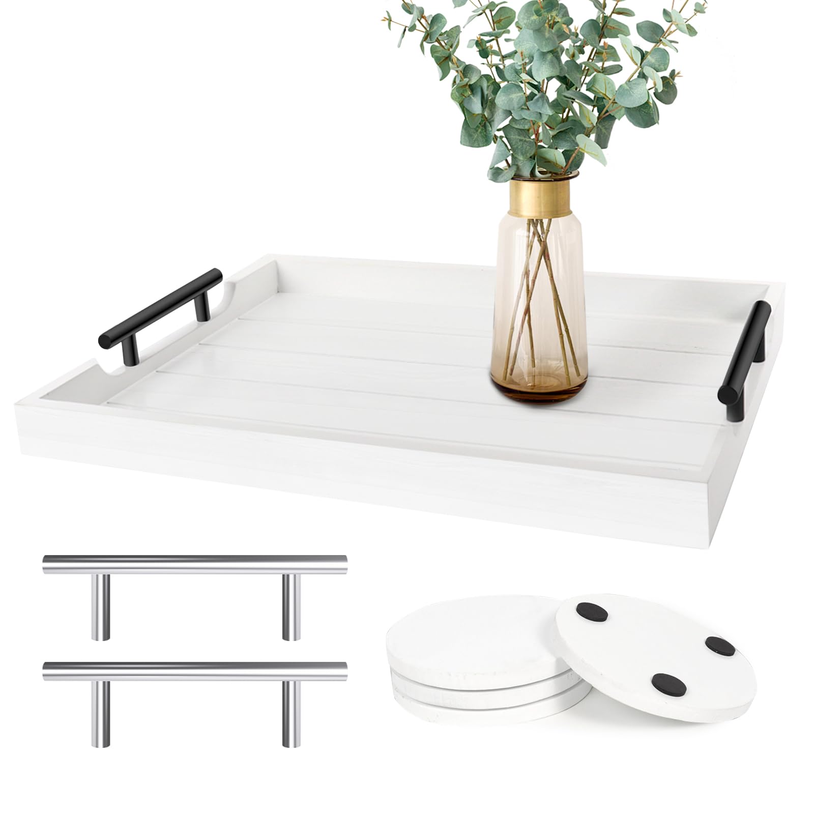 SXNOWS Coffee Table Tray - Large Ottoman Tray for Living Room - Wood Serving Tray with 2 Sets of Handles - Wooden Tray for Coffee Table, 4 Round