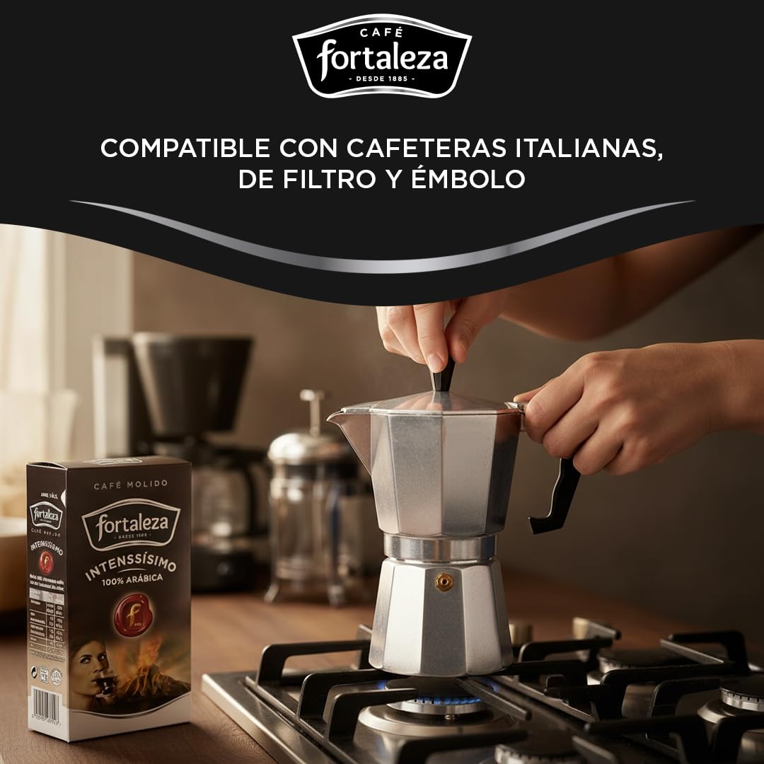Café Fortaleza - Café Molido, Sabor Intenssisimo, Variedades Arábicas, Compatible con Cafeteras Italianas, de Filtro y de Émbolo, Pack 235g x 12 - Total 2,82kg