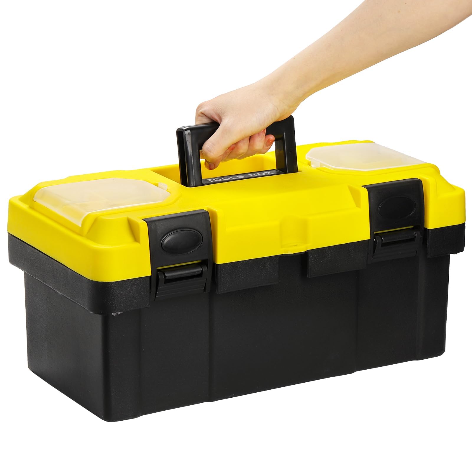 Excefore Plastic Tool Box with Handle, 16-Inch Toolbox with Removable Tray, Heavy Duty Organizer Tool Box, Portable Toolbox Organizer for Household Workshops and Garages, Black & Yellow