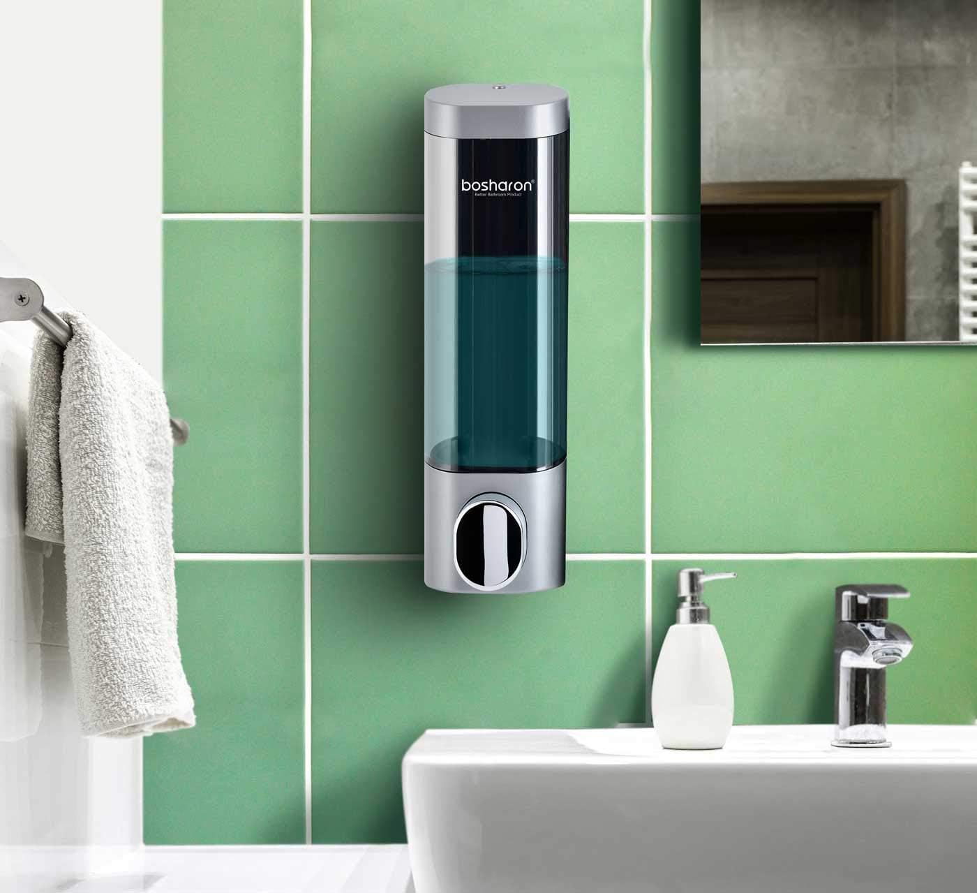 Bosharon Liquid Soap Dispenser Wall Mount, for Bathroom, Kitchen, Hotels, Restaurants. Shower Soap Dispenser Wall Mounted with Adhesive 300 ML (Silver Single Chamber)