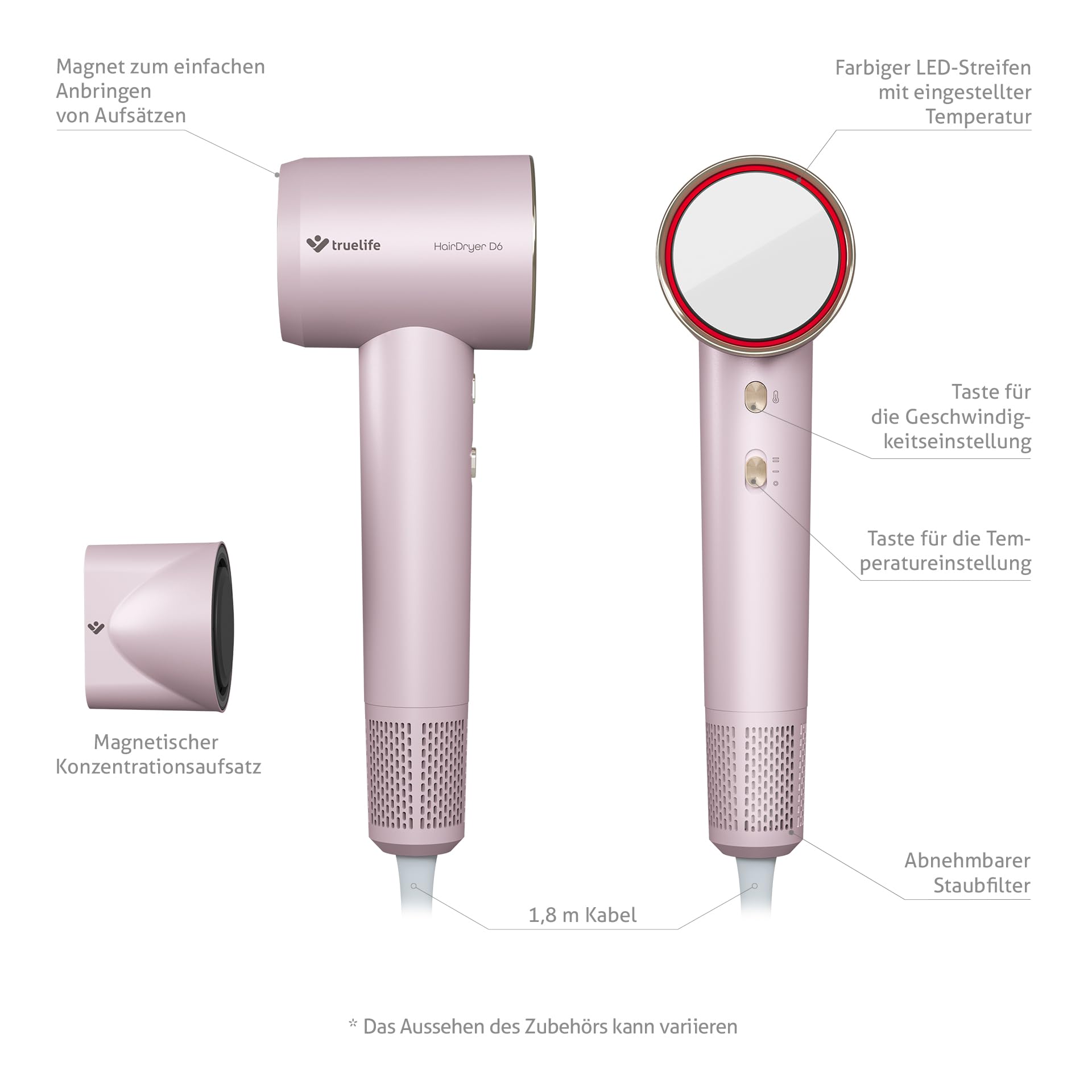 TrueLife HairDryer D6, Haartrockner mit Ionisator, Leistung bis zu 110.000 U/min, farbiger LED-Ring zur Temperaturanzeige, 3 Trockenstufen, 2 Geschwindigkeiten, Magnetaufsatz