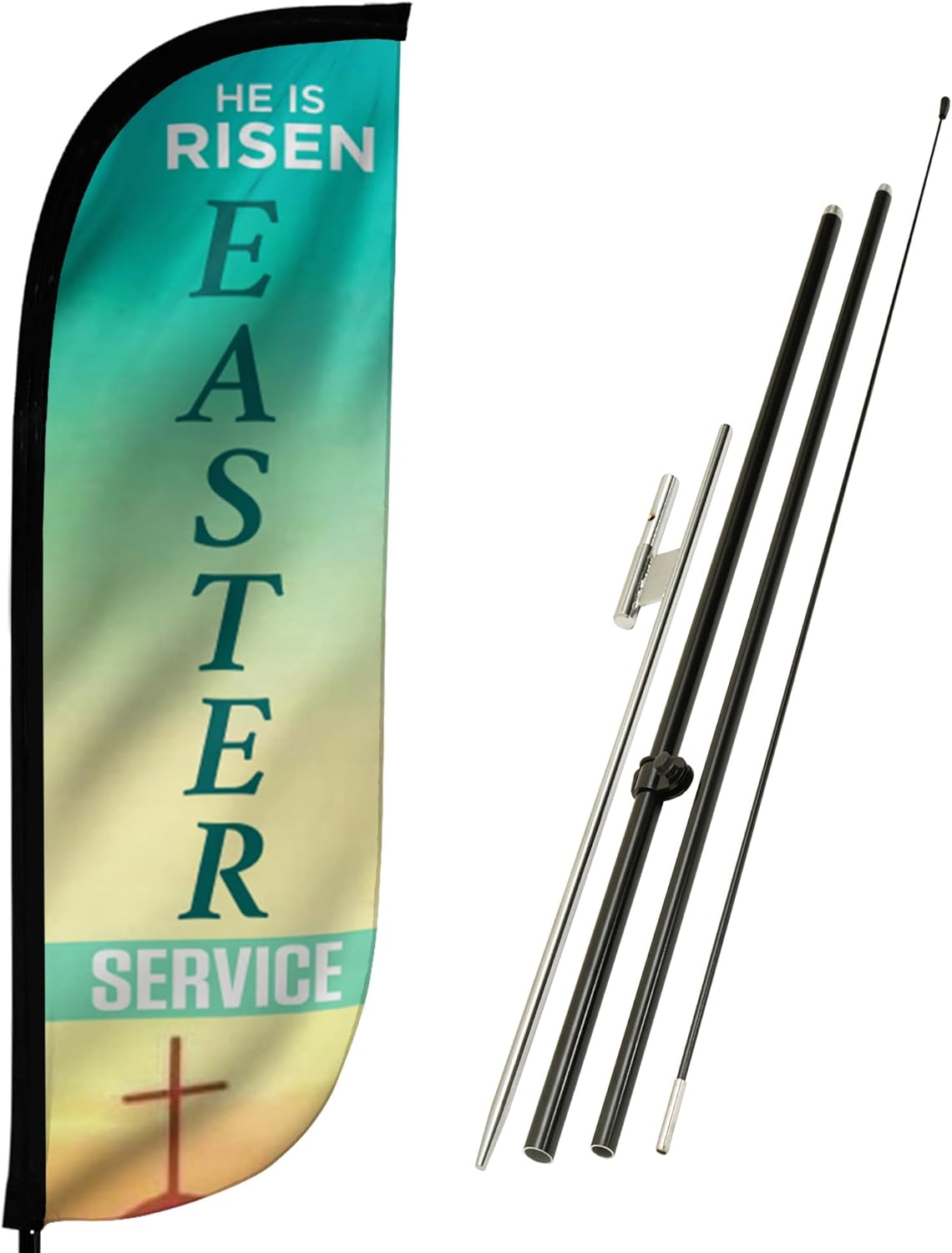 LookOurWay Feather Flag Pole Kit - 7 Feet Tall Advertising Banner with Fiberglass Pole Set and Ground Spike for Business Promotion - Church Flags - Easter Service