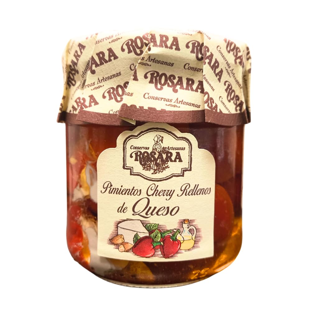 Rosara Pimiento Rojo Cherry Relleno de Queso Crema - Tarro de Cristal 212 gr, 10-12 Piezas, Aperitivo Gourmet Listo para Comer, Conservas Gourmet