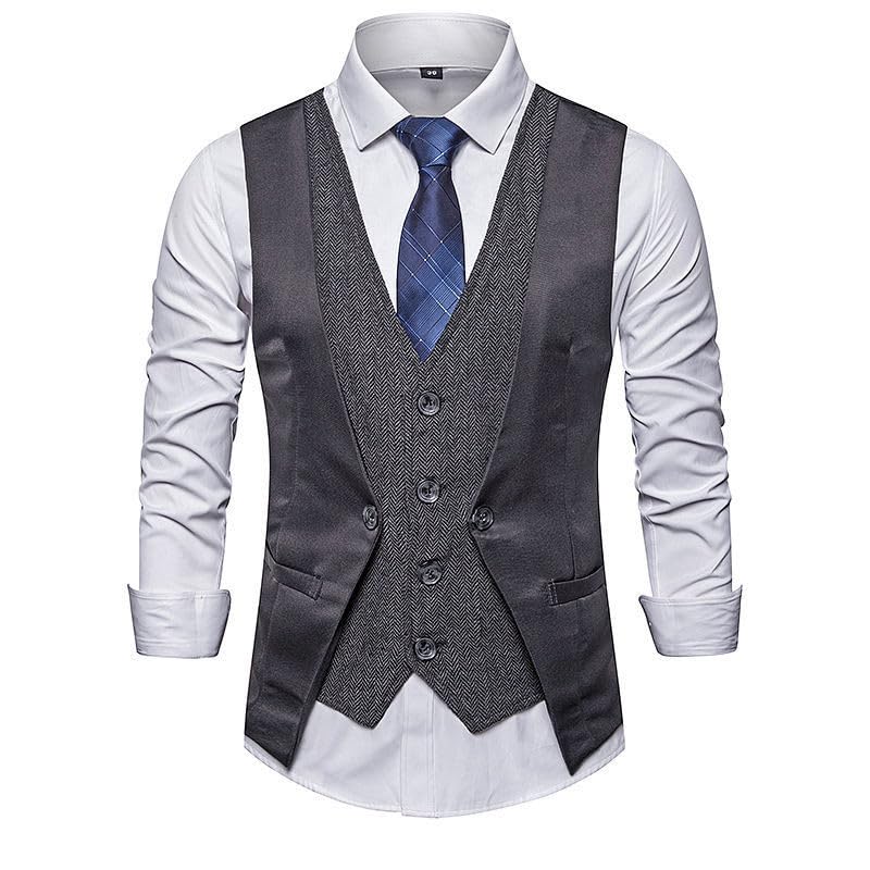 Men's Retro Layered Suit Vest Single Breasted Business Dress Vests Formal Wedding Fashion Waistcoat Slim Fit