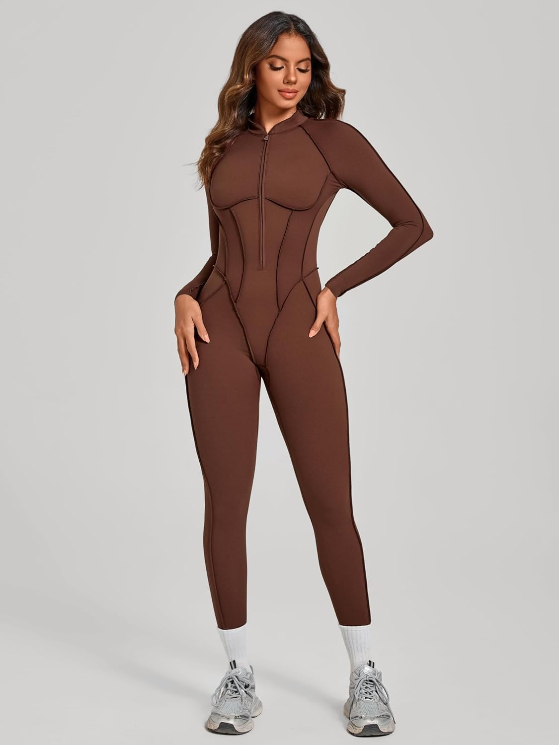 ABOCIW Womens Zipper Long Long Sleeve Workout Jumpsuit Contouring Seams Backless Bodysuit Yoga Rompers Catsuit - Image 2