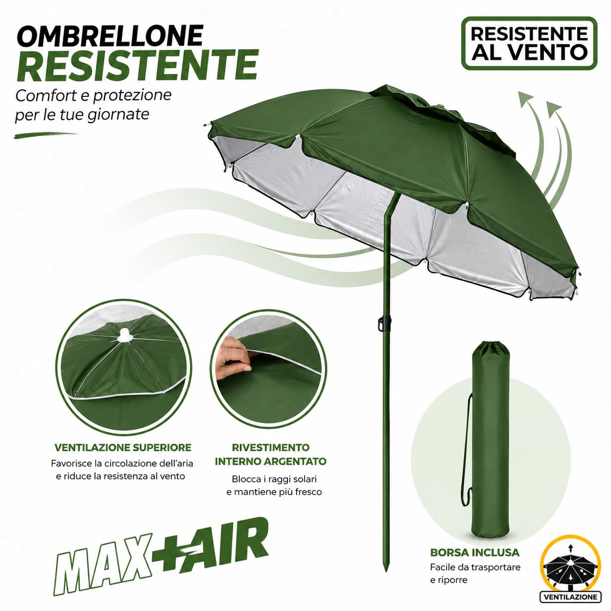 WENZO Ombrellone da Spiaggia 200 cm Antivento con Borsa, Palo Acciaio 28/32 mm, 8 Stecche in Fibra di Carbonio, Protezione UV Interna Argentata, per Spiaggia Giardino Campeggio