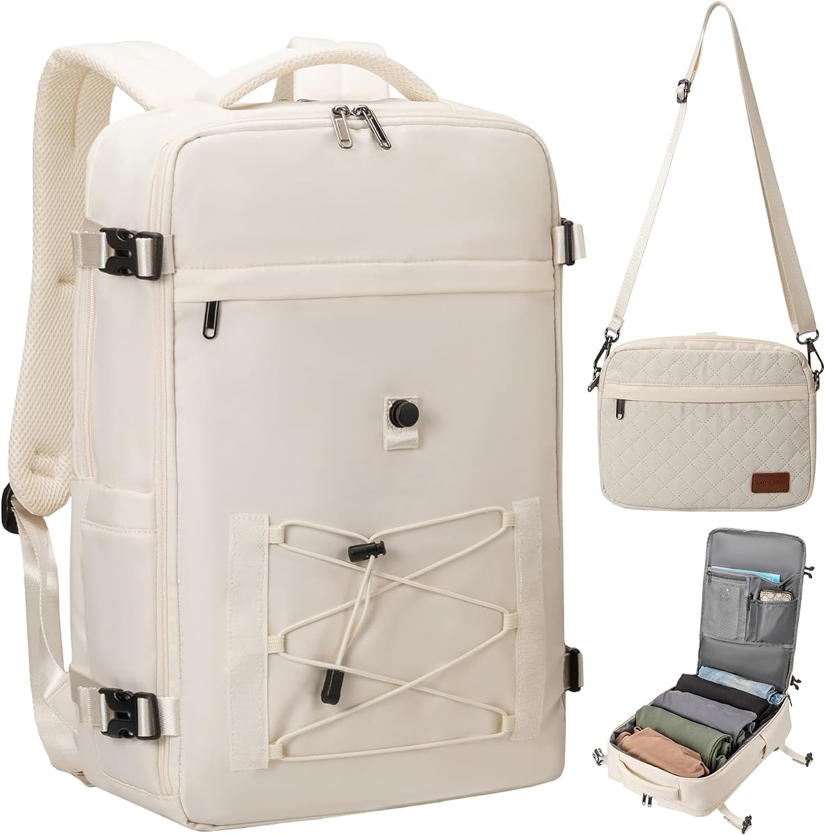40L Waterproof Travel Backpack for Men & Women, Airline Approved Carry on Laptop Backpack, 17.3 Inch, with Detachable Crossbody Bag,Beige