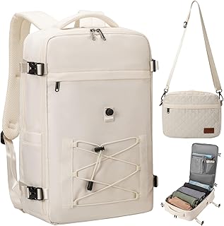 40L Waterproof Travel Backpack for Men & Women, Airline Approved Carry on Laptop Backpack, 17.3 Inch, with Detachable Crossbody Bag,Beige