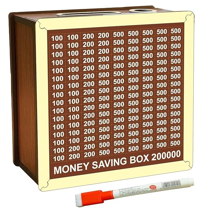 Image of Dr.MASHUR Wooden Money Saving Challenge Box with Printed Amount Board for Cash and Coin Collection, Reusable Saving Box for Kids and Adults (Pen 2lakh Money Box, 1, Count)