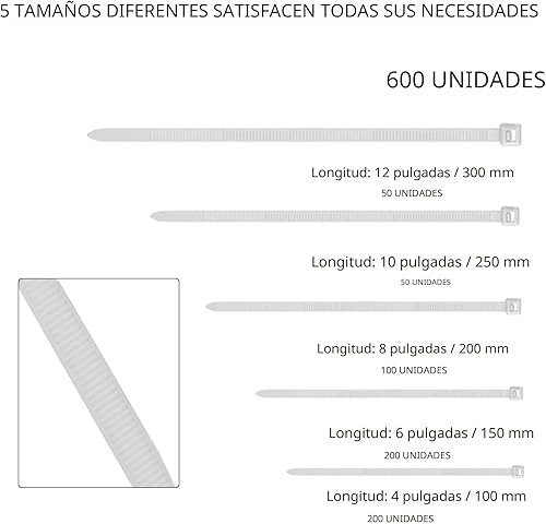 Miniatura 2 de Bridas para cables, 600 lazos de nailon autobloqueantes, varios tamaños de 4+6+8+10+12 pulgadas, lazos de plástico multiusos para gestión de cables,