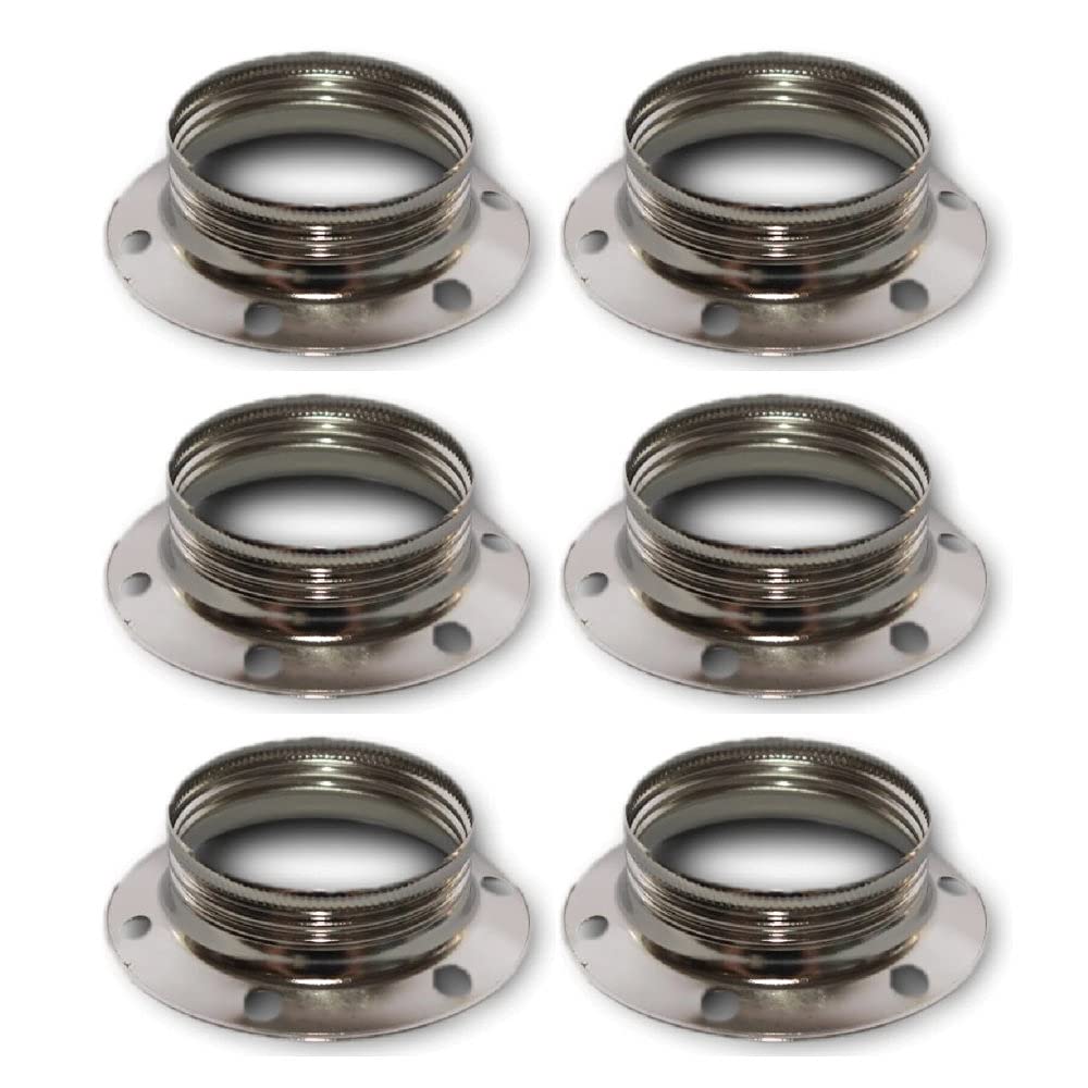 6 Pack | Polished Nickel Metal ES E27 Lampholder Wide Shade Ring | Large Edison Screw | 40mm Internal Diameter | Simple Twist & Lock | UK Approved
