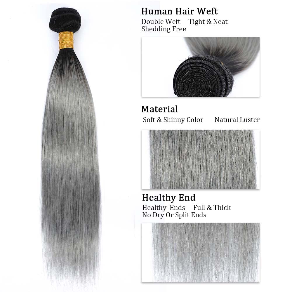 Grey Bundles Human Hair Ombre Bndles 1B Grey Straight Human Hair Bundles 24 26 28 inch Black to Grey Human Hair Weave Brazilian Unprocessed Virgin Hair Bundles Weave