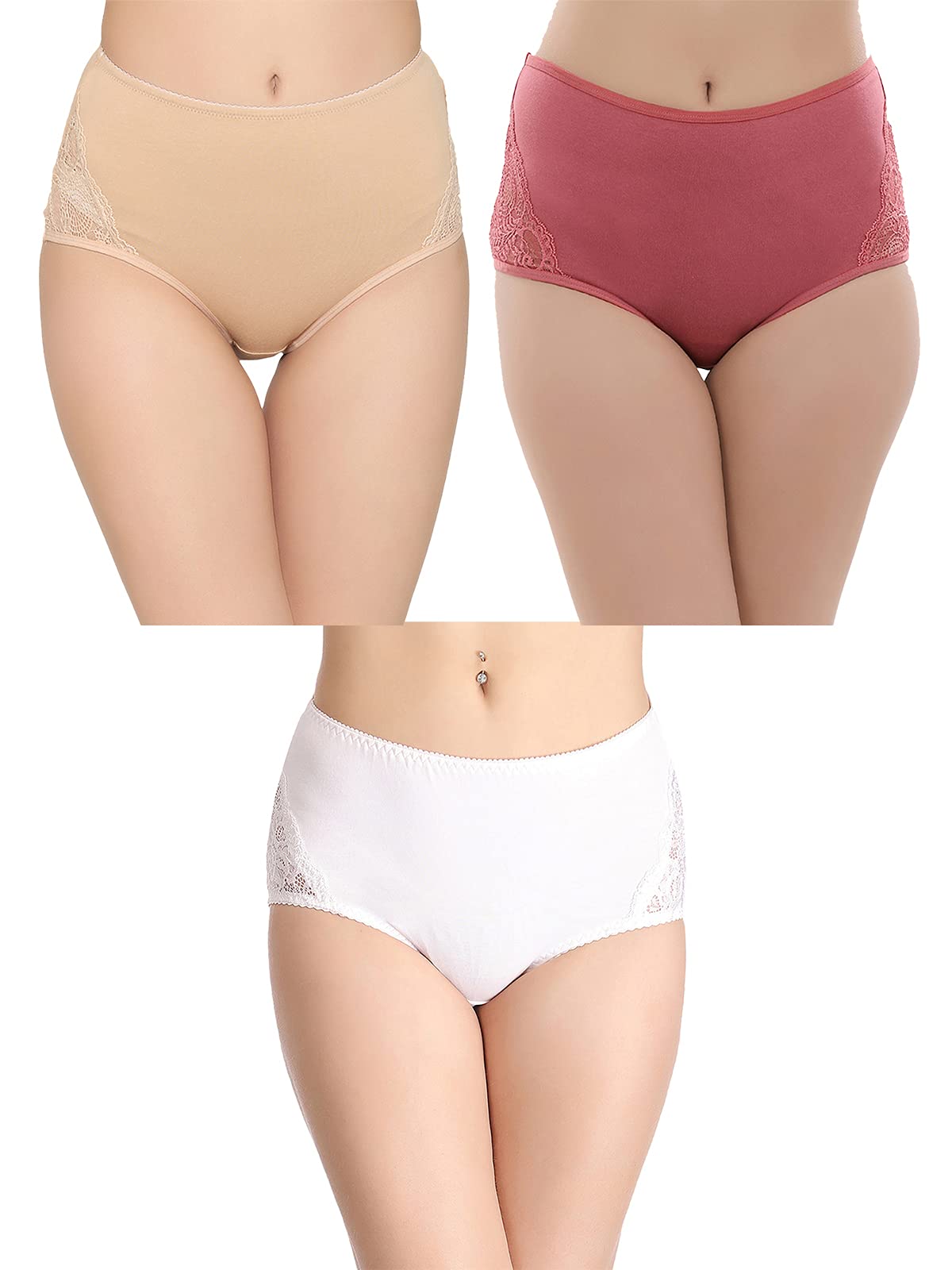 clovia Women's Pack of 3 Cotton High Waist Hipster Panty with Lace Sides-picture-36