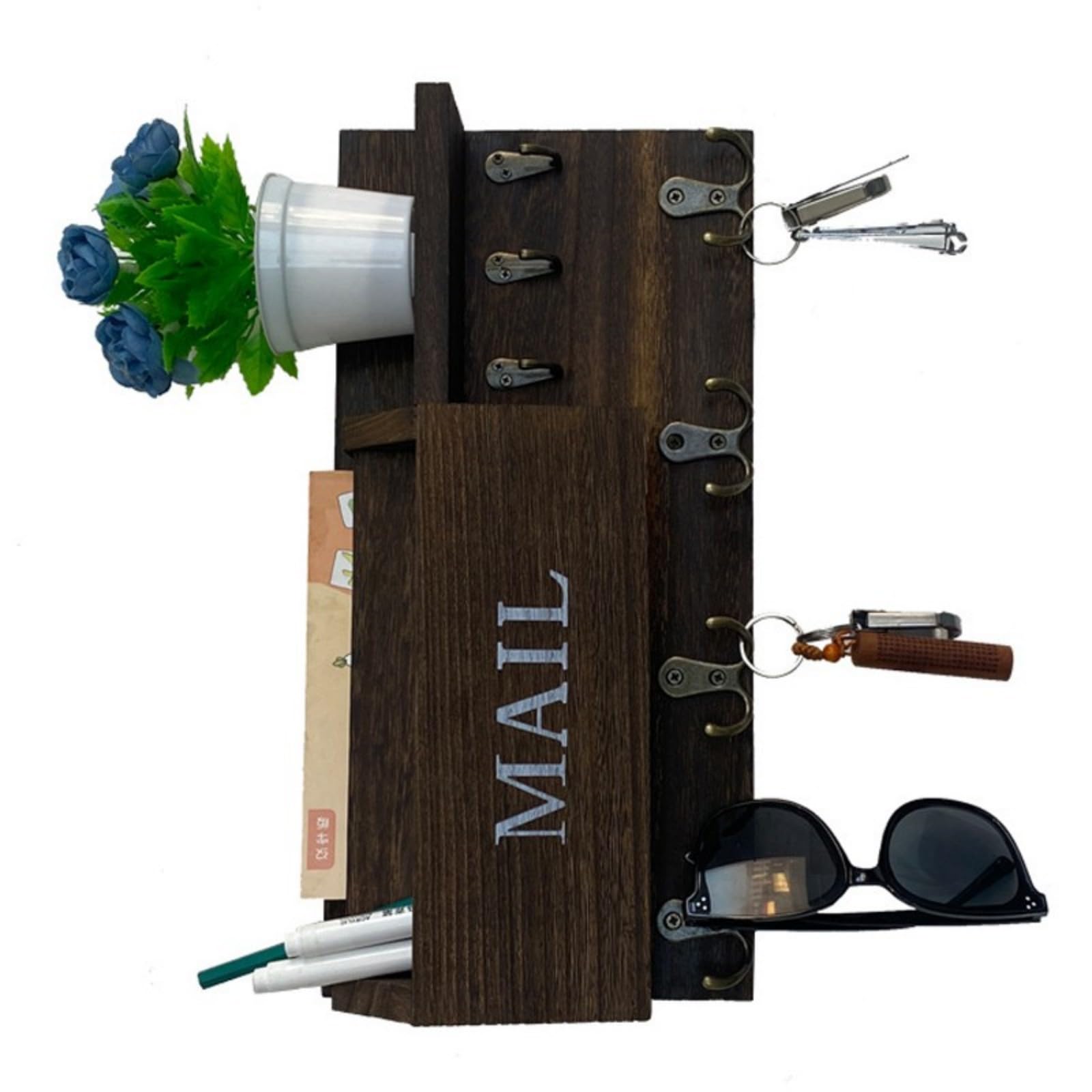 Tsophreniq Handcrafted Wooden Wall Hanging Mail Shelf with Storage Pockets and Hooks Mounted Letter Holder Mounted Mail Planner