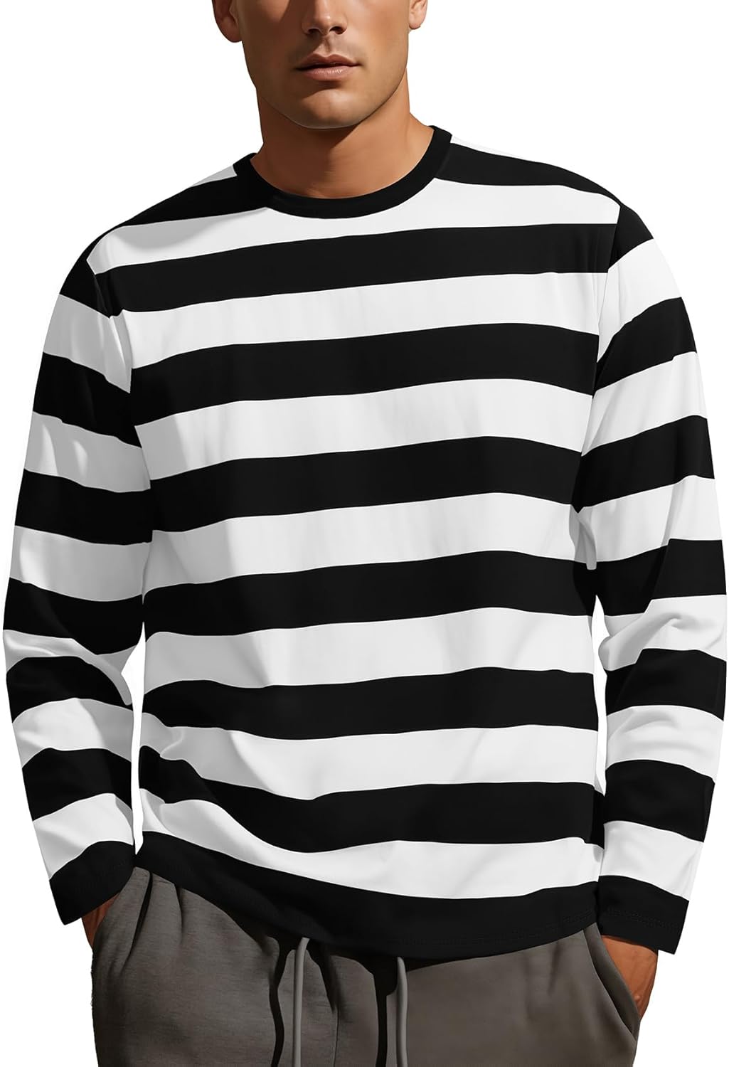 Zengjo Mens Striped T Shirt Short/Long Sleeve Crewneck Tee