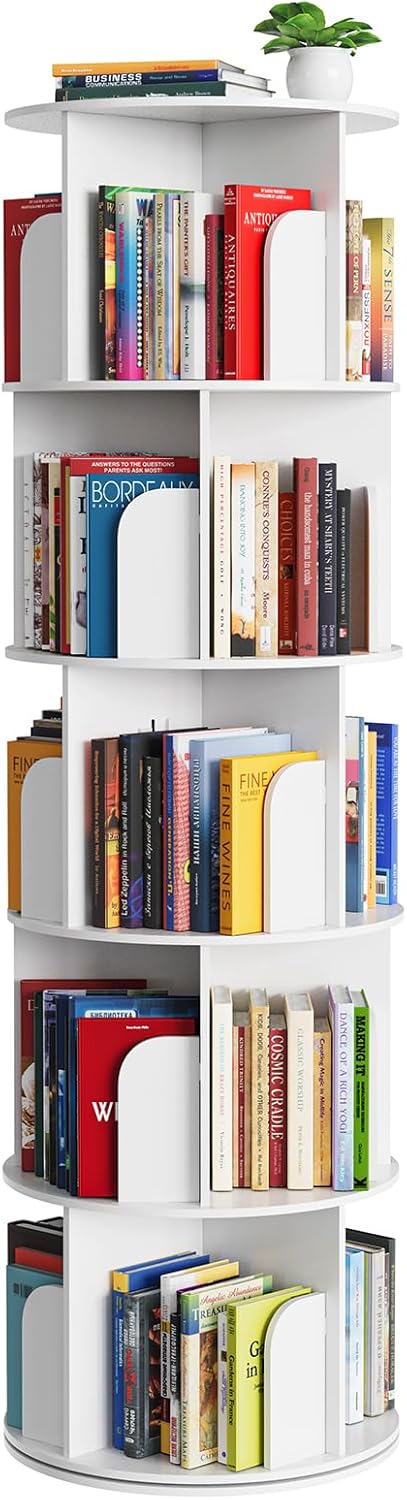 SpaceAid Cross Style 5 Tier Rotating Bookshelf, Spinning 360 Bookcase Lazy Susan Tower, Vertical Revolving Books Shelf Storage Round Carousel Space Saving Organizer, White 5 Tier (18.1"W x 62.2"H) White