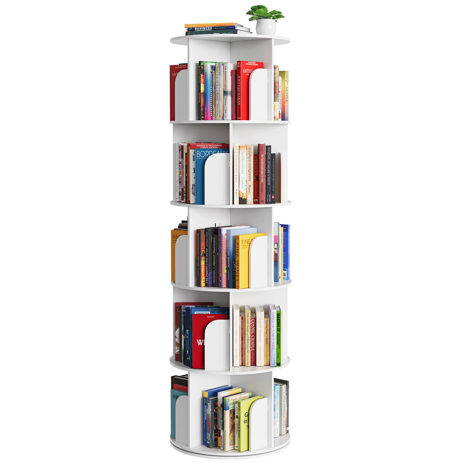 SpaceAid Cross Style 5 Tier Rotating Bookshelf, Spinning 360 Bookcase Lazy Susan Tower, Vertical Revolving Books Shelf Storage Round Carousel Space Saving Organizer, White