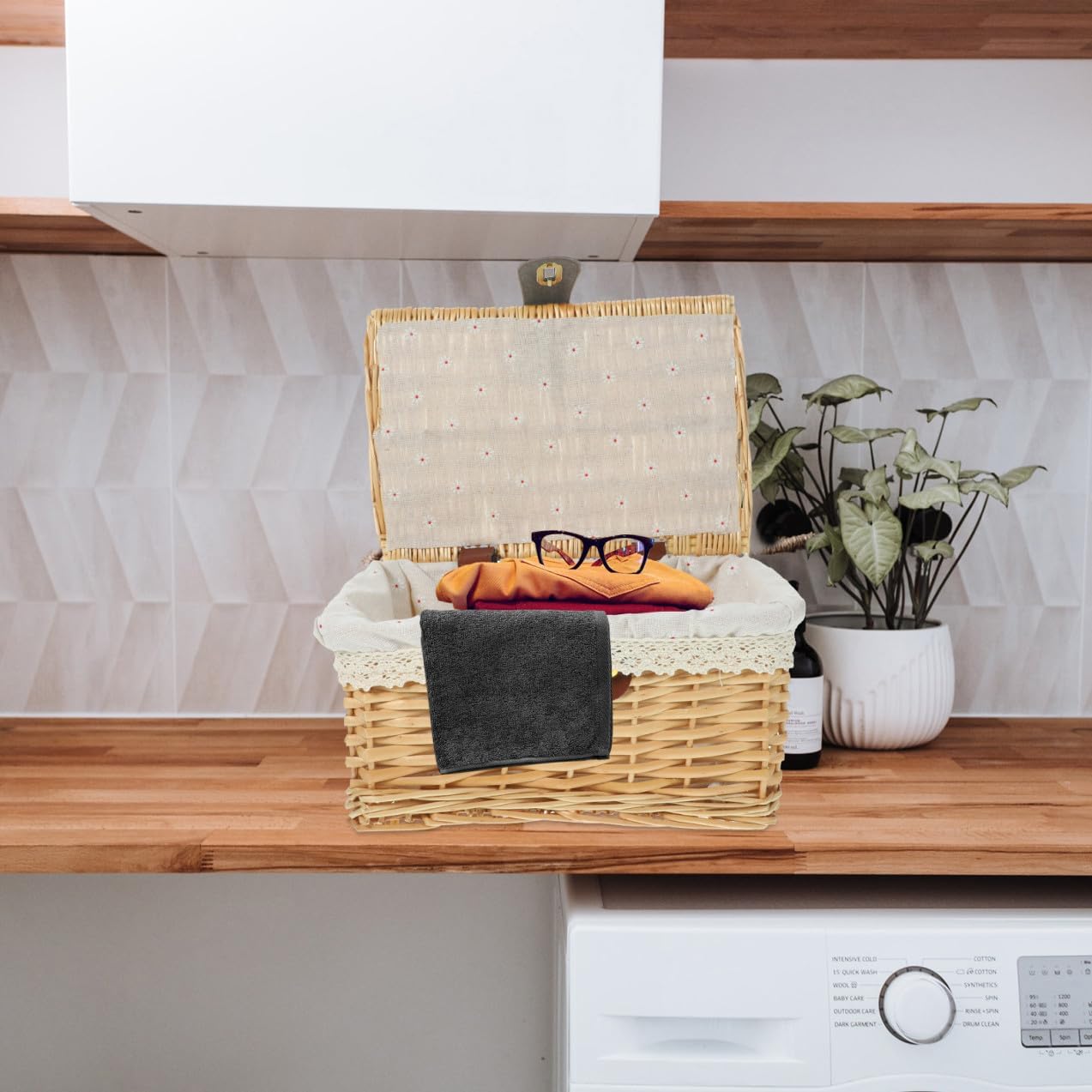 ABOOFAN Woven Rattan Storage Basket with Lid Small Size Clothes and Books Organizer Multipurpose Wicker Bin for Home Laundry and Storage
