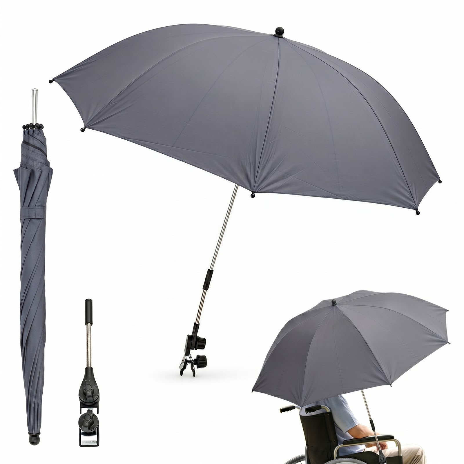 Sunnynest Gray Beach Chair Umbrella With Clamp, 102Cm Diameter 360° Adjustable Portable Parasol, Upf50+ Waterproof Sun Shade For Beach Chair, Stroller, Wheelchair, Golf Cart & Camping (Gray)