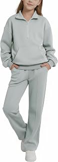 Valcatch Girls 2 Piece Outfit Half Zip Sweatsuit, 6-14 Years | Chic pullover and wide leg sweatpants. Premium fall winter casual activewear for sports, running, or campus days.