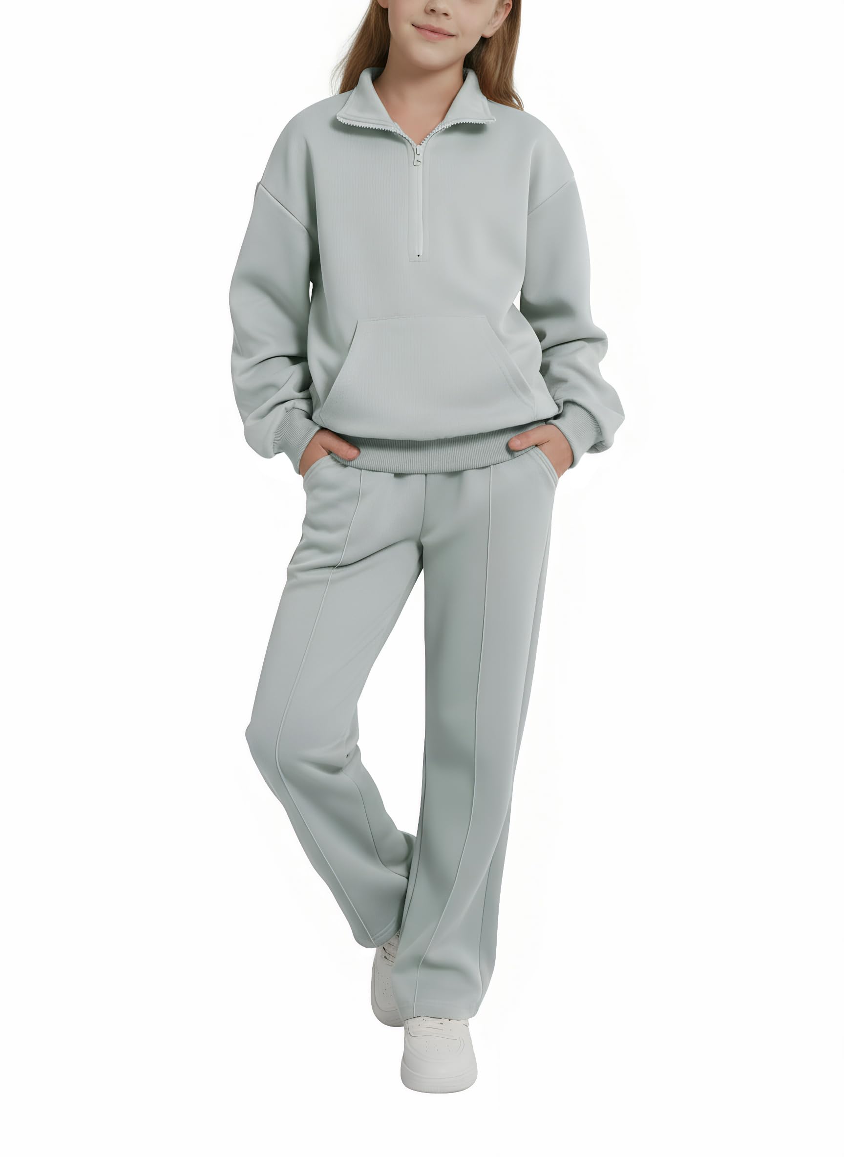 Valcatch Tuta da ragazza in 2 pezzi, con mezza zip, felpa e pantaloni a gamba larga, per autunno e inverno, stile casual