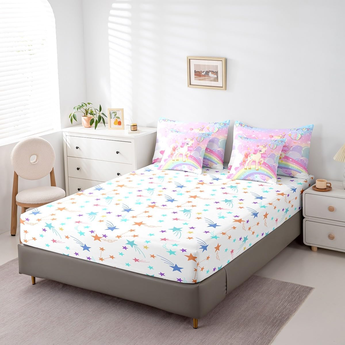 Feelyou Unicorn Girls Bed in a Bag Twin Rainbow Kids Pink Unicorn Comforter Set with Sheets Kawaii Cute Stars 7 Piece Bedding Set Teens Children Adults Cartoon Unicorn Room Decor All Season