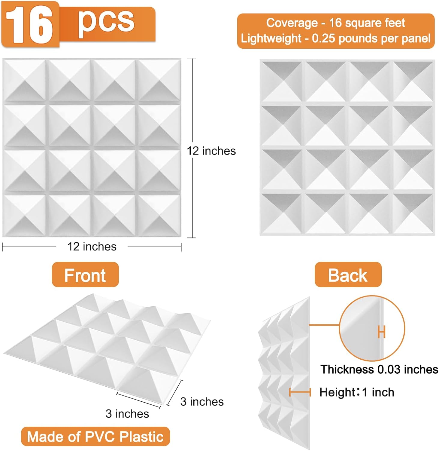 TroyStudio Acoustic Sound Diffuser Panels, 12 X 12 X 1 inches 16 Pcs PVC Plastic Wall Panel, Recording Studio Acoustical Treatments Diffusion panel, 3d Art Decorative Ceiling Tiles (Pyramid, White)