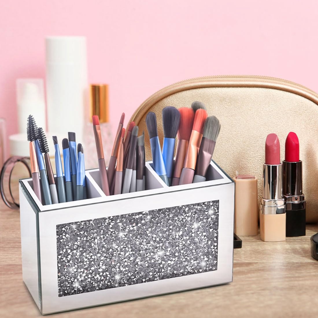 Make-up Pinselhalter 3 Fächer Spiegel Glas Organizer Kosmetik Aufbewahrung Silber für Schminktisch