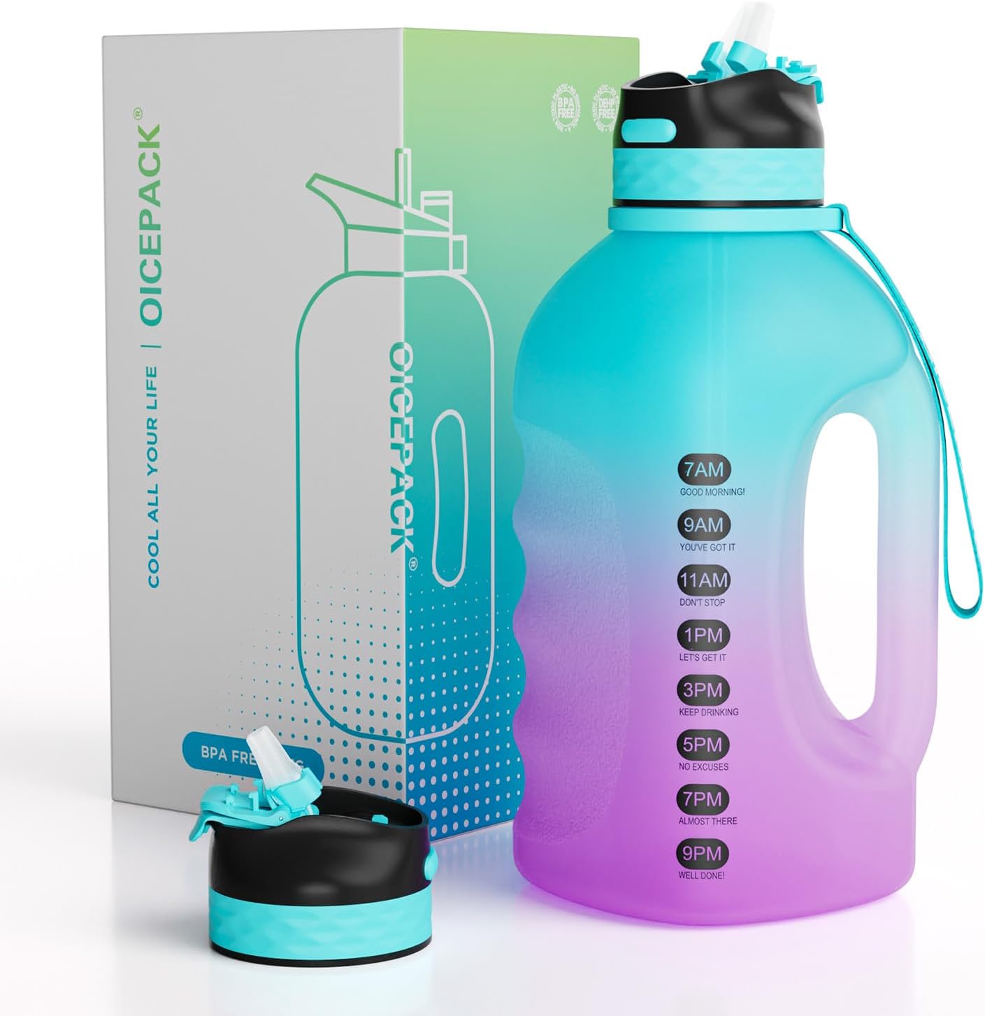 1 Gallon Motivational 128 oz Gym Water Bottle With Straw & Chug Lid, Strap, Large, Reusable, Time Marker – Purple Blue