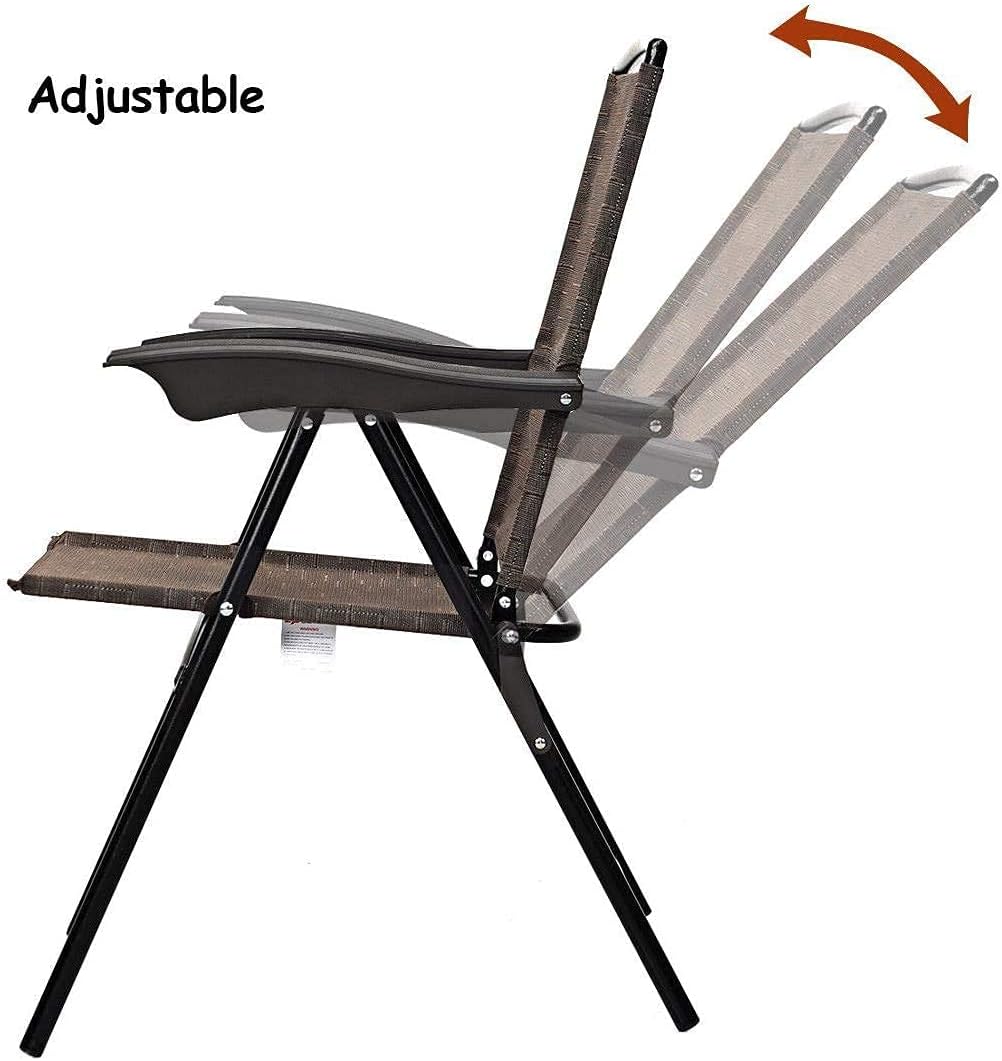 Moccha Set of 4 Patio Folding Chairs, Height Adjustable Sling Backrest Chairs with Armrest, Weather-Resistant Chairs Portable for Outdoor Indoor Garden Pool Beach, Deck Lounge Chairs, Brown