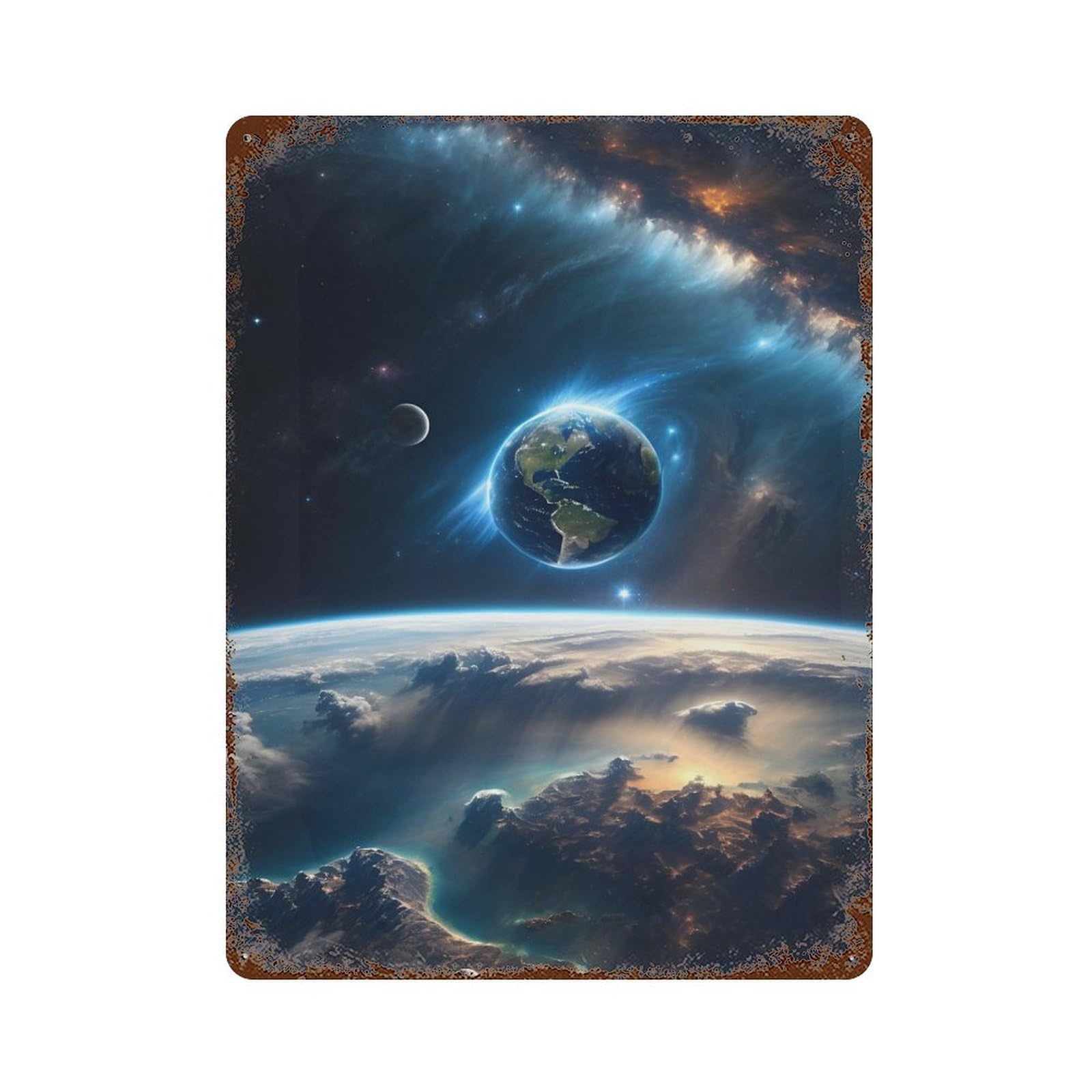 Rust Effect Planet Earth from Space Rusty Metal Tin Sign 15.7"x11.8", Farmhouse Wall Decor for Shed, Workshop And Garage Wall Decor