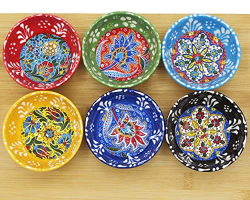 Heracraft 6Pcs Hand Painted Turkish Ceramic Snack Bowls 3.35''/8.5Cm-74Ml/2.5 Oz Decorative Ottoman Tulips Design Multi-Purpose Cute Set - Pinch Sauce Dipping Finger Small Serving Bowls #TOP7