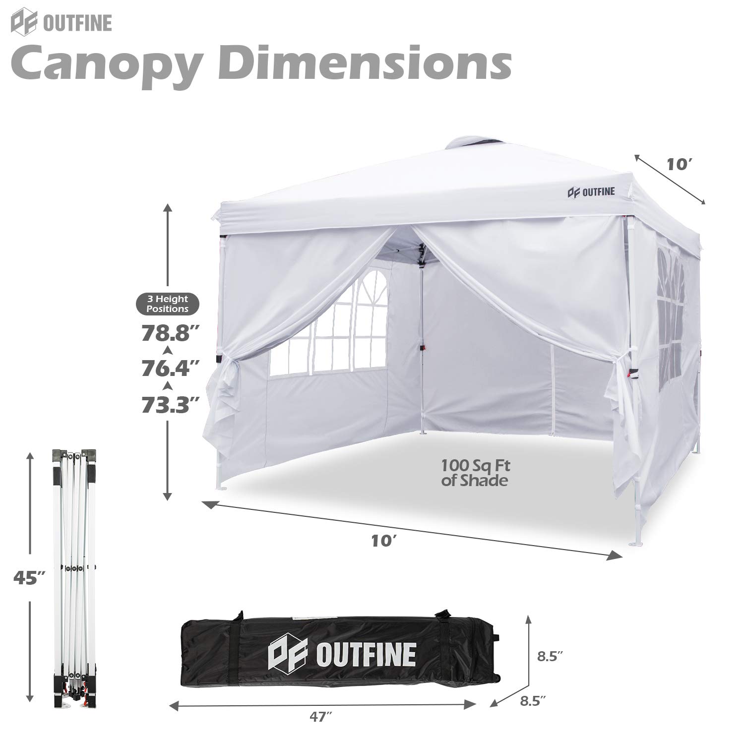OUTFINE Canopy 10'x10' Pop Up Commercial Instant Gazebo Tent, Fully Waterproof, Outdoor Party Canopies with 4 Removable Zippered Sidewalls, Stakes x8, Ropes x4 (White, 1010FT)