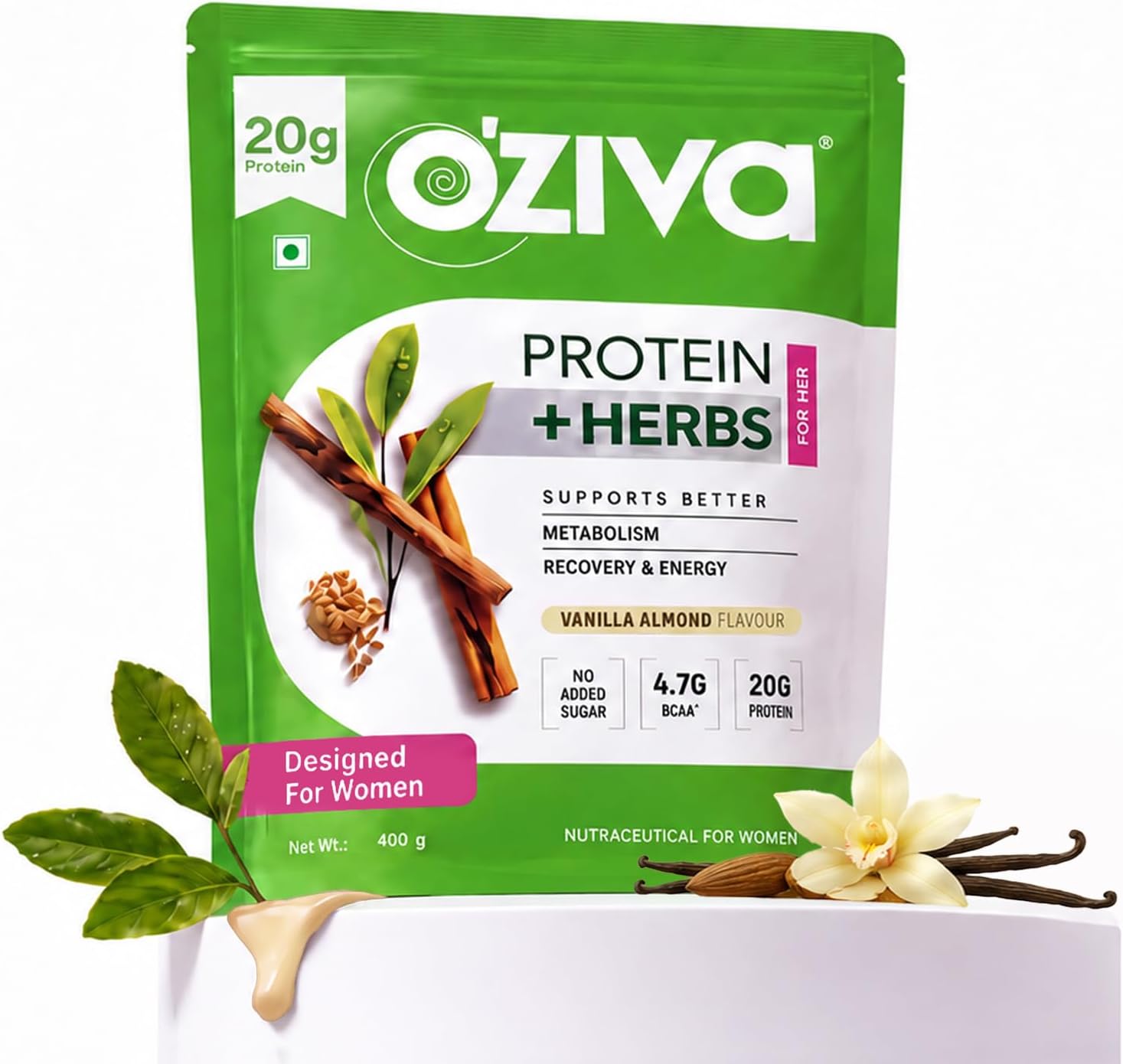Protein & Herbs For Women, Vanilla Almond, 500G Natural Protein Powder For Weight Control, Better Metabolism & Hormonal Balance, 23G Whey Protein, Ayurvedic Herbs, Certified Clean