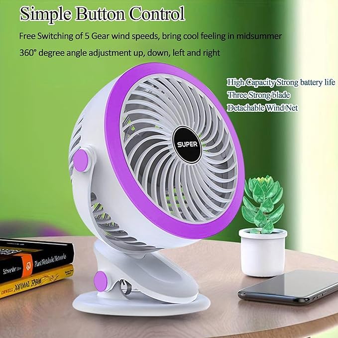 Image of efluky 4000mAh Rechargeable Clip Desk Mini Fan, Portable Table Fan, USB Rechargeable Clooing Fan for Men & Women, USB Battery Powered Quiet Personal Fan,5 Speed for Home Office Travel (Purple)