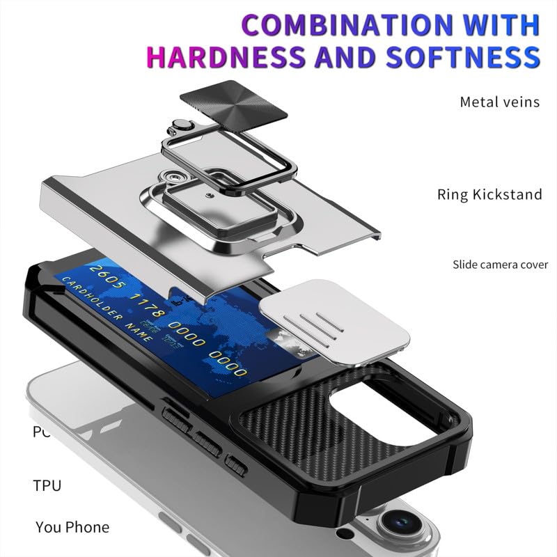 Image of LuxuryKase Shockproof Armor Case for iPhone 17 | Slide Camera Cover | Hidden Card Slot | Rotating Ring Kickstand | Magnetic Car Mount Support | Military Grade Protection - White