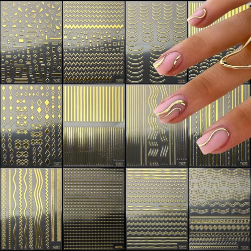 JMEOWIO Línea Dorada Punta Francesa Pegatinas Para Uñas 12 Hojas Autoadesiva Nail Art Stickers Decoración