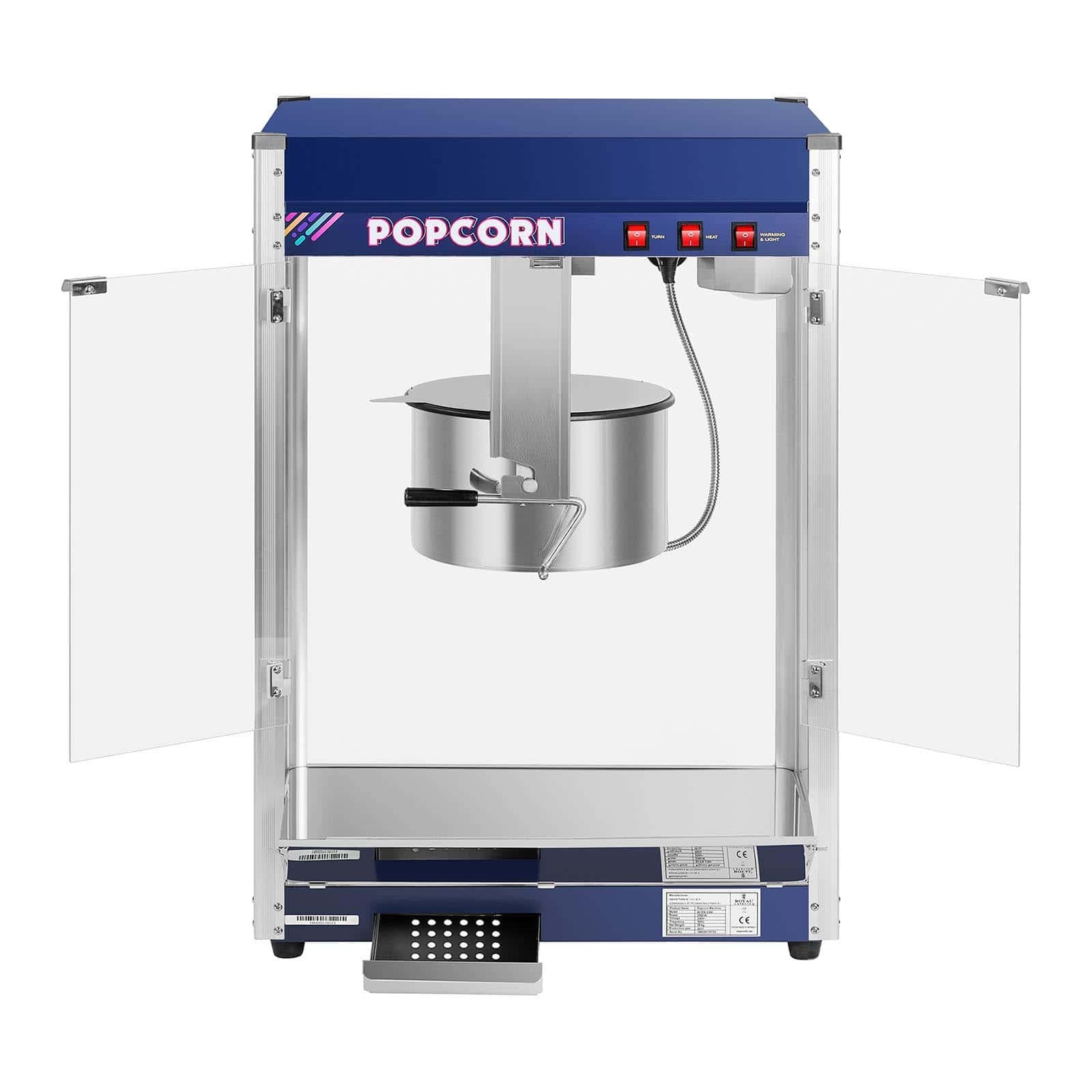 Royal Catering XXL-Popcornmaschine 2350 W 8 kg/h 193 L beleuchteter Innenraum Blau Wärmefunktion entnehmbarer Topf mit Antihaftbeschichtung Krümelschublade Popcornmaker