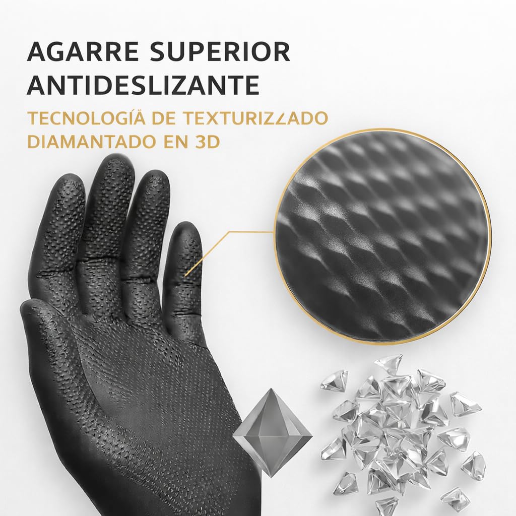 (Pack de 100) Guantes de Nitrilo Diamantados Negros Talla M (Sin Latex y de Doble Grosor) - Guante Para Mecánica - Nitrile Gloves - Guantes Nitrilo - Guantes Trabajo Hombre - Luvas Descartaveis