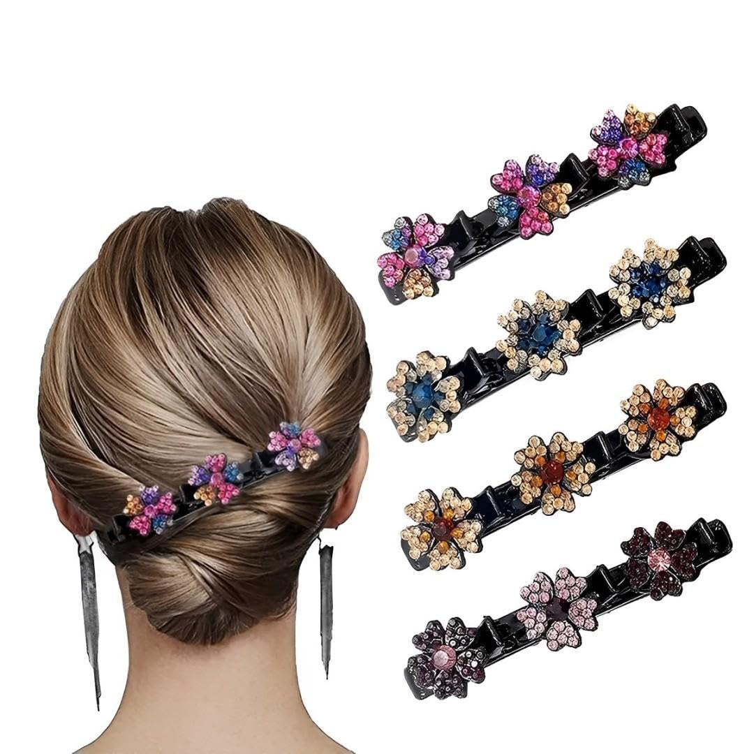 Dulier 4Pcs Sparkling Crystal Stone Braided Hair Clips Barrettes for Women | Duckbill Hair Accessories for Styling, Thin/Thick Hair | Secure Grip