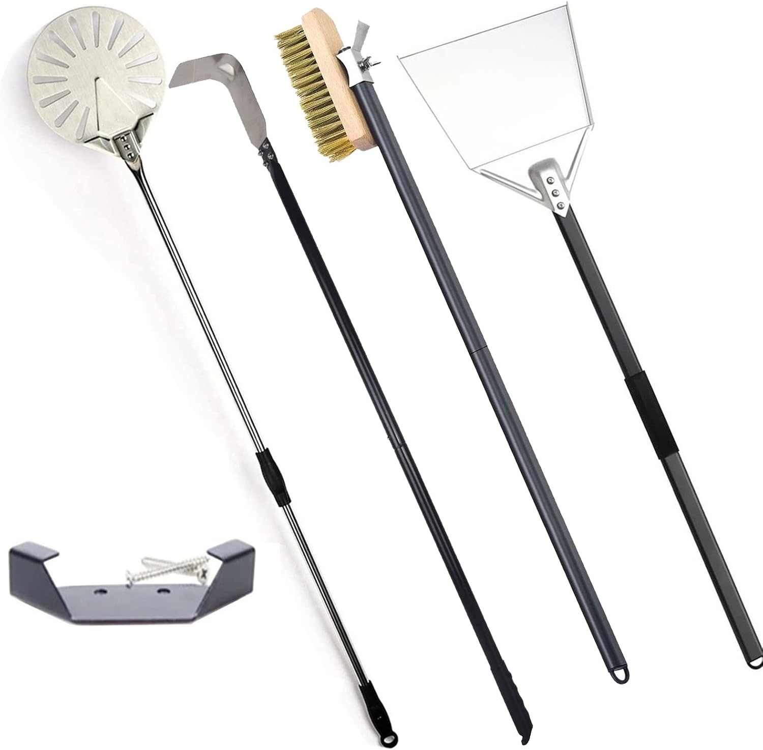 Pizza Oven Tool Set, 9" Stainless Steel Pizza Peel, 43" Clean Copper Brush with Scraper, 49" Cleaning Rake, 41.3" Ash Shovel, High Temperature Resistant, Baking Gift Hook