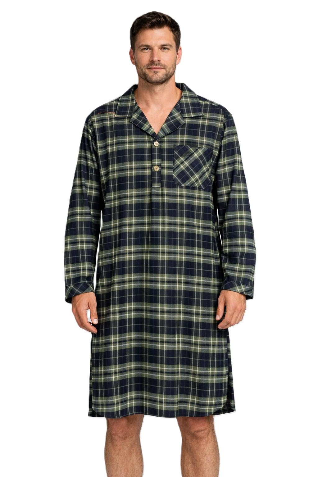 Malay Men's Plaid Flannel Nightshirt Long Sleeve Button Sleep Shirt Soft Cotton Nightwear with Pocket Comfortable Lounge Nightwear M-5XL (UK, Alpha, 5XL, Regular, Regular, Green Check)