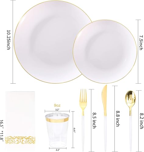 Miniatura 6 de Nervure 140 platos de plástico blanco y dorado, platos desechables dorados para fiesta, 20 platos llanos, 20 platos de postre, 60 cubiertos de