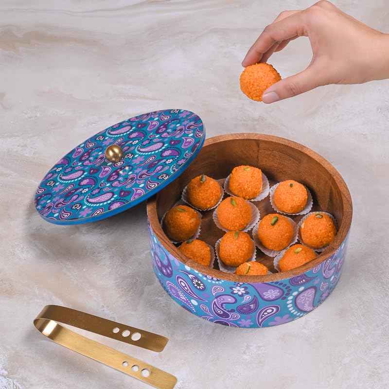 Image of Wooden Chapati Box for Kitchen - Casserole for Roti with Stainless Steel Brass Lid | Wooden Chapati Box with 1 Tong | Traditional Kitchen Organizer - Purple (Printed)