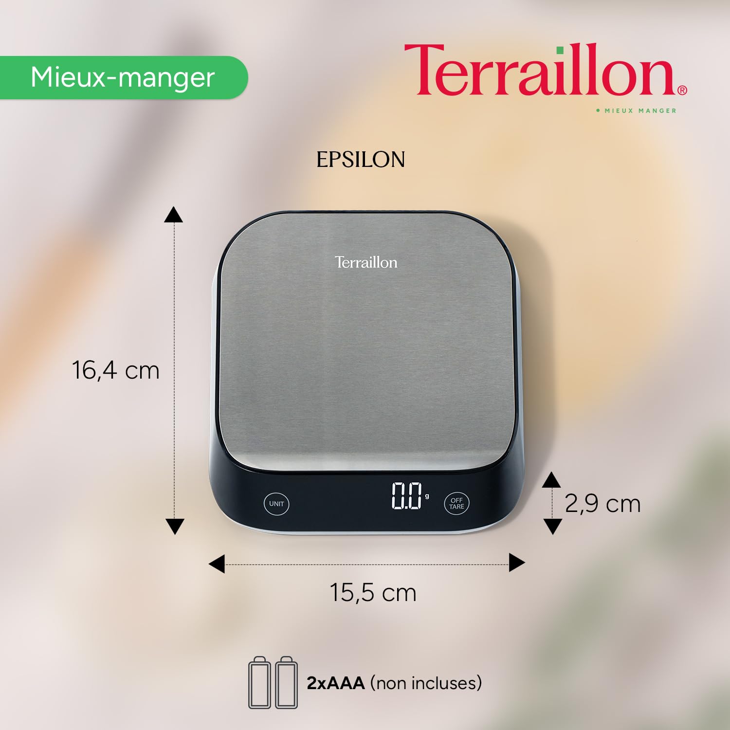 TERRAILLON - EPSILON - Balance de cuisine électronique de précision, Compacte, Capacité 5 Kg, Graduation dynamique 0,1g-0,5g-1g, Ecran LCD rétroéclairé, Inox