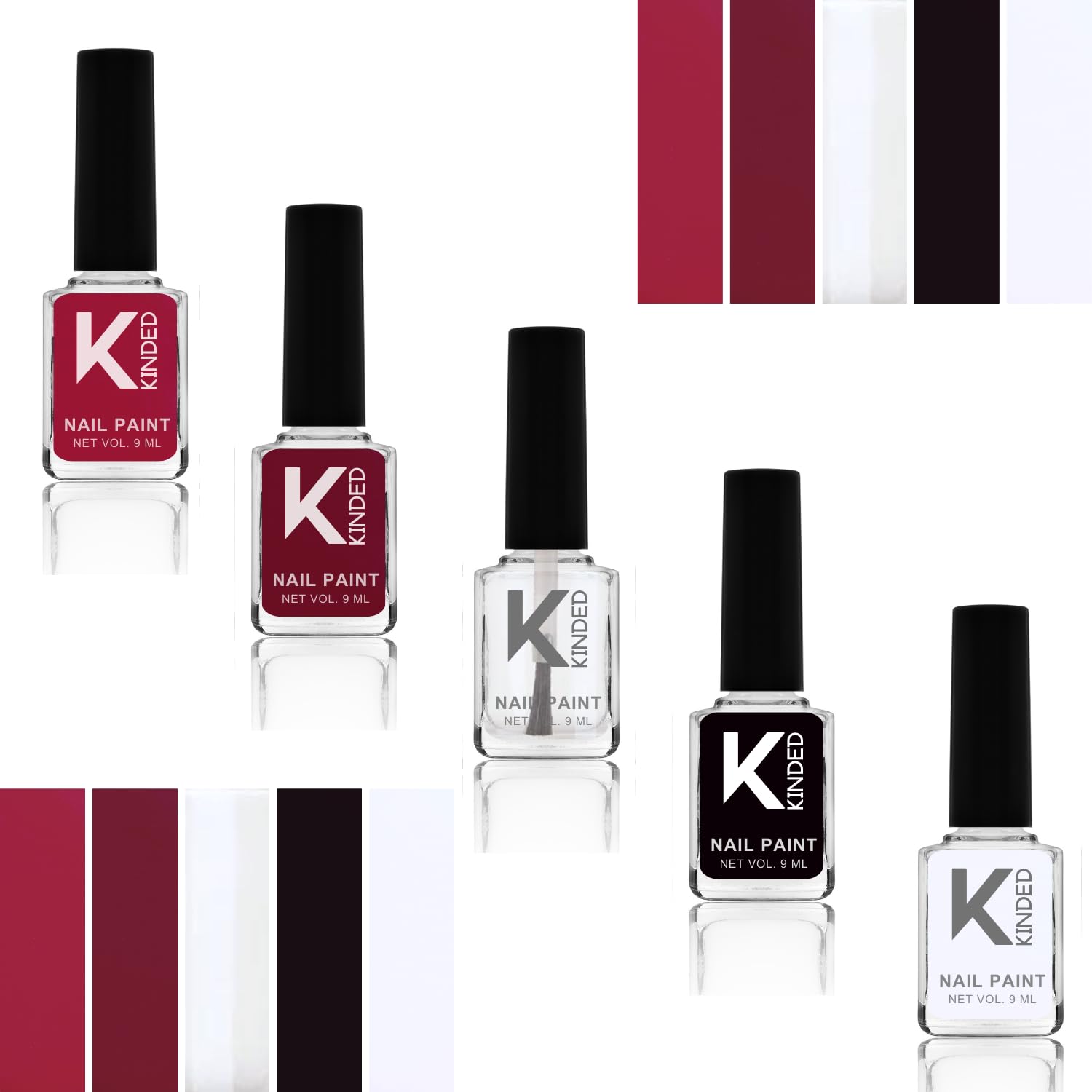 Nail Paint Long Lasting Lacquer Quick Drying Nail Polish Enamel for Girls Women (9 ml each, Glossy Finish, Combo Pack Set of 5 Old School Shades Red Maroon Top Base Coat Black White 26 to 30)-image-38