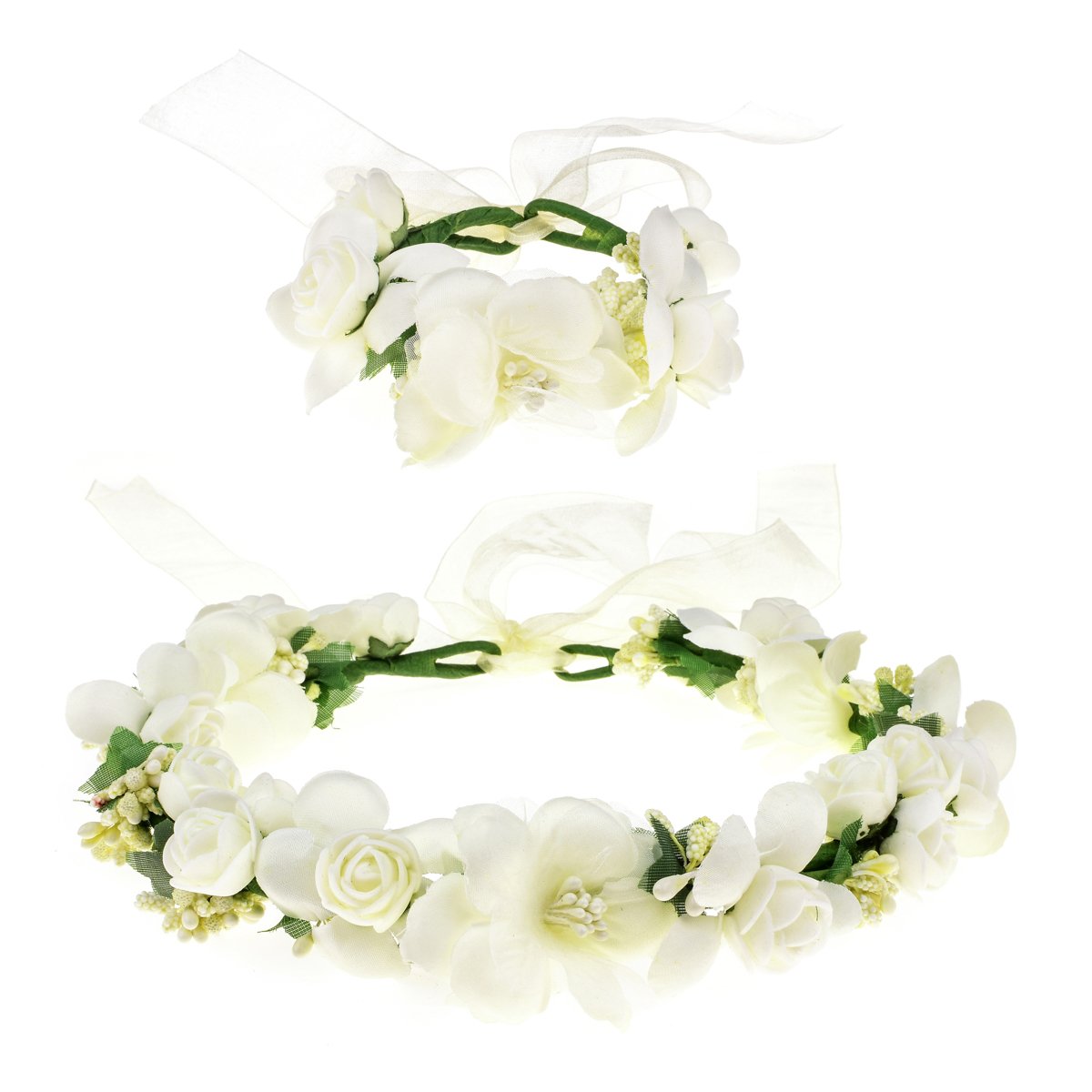 BLUECELL Rose Flower Crown Wreath Wedding Headband Wrist Band Set (Ivory)