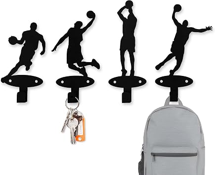 Xedatric 4 Piece Set Basketball Players Slam Dunk Silhouette Shape Coat Hooks Wall Mounted Metal Wall Hanger Hooks for Teen Boys Bedroom Basketball Room Decor Medal Hanger Display