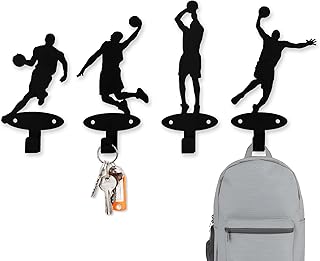 Xedatric 4 Piece Set Basketball Players Slam Dunk Silhouette Shape Coat Hooks Wall Mounted Metal Wall Hanger Hooks for Teen Boys Bedroom Basketball Room Decor Medal Hanger Display