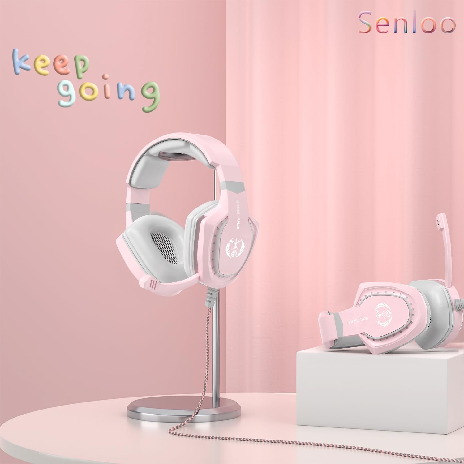 SENLOO Pink Gaming Headset with Mic for PC Computer Mac Laptop, Over-Ear Wired Gaming Headphones with Microphone, Volume Control, Compatible with PS4 Xbox PS5 Controller Phone